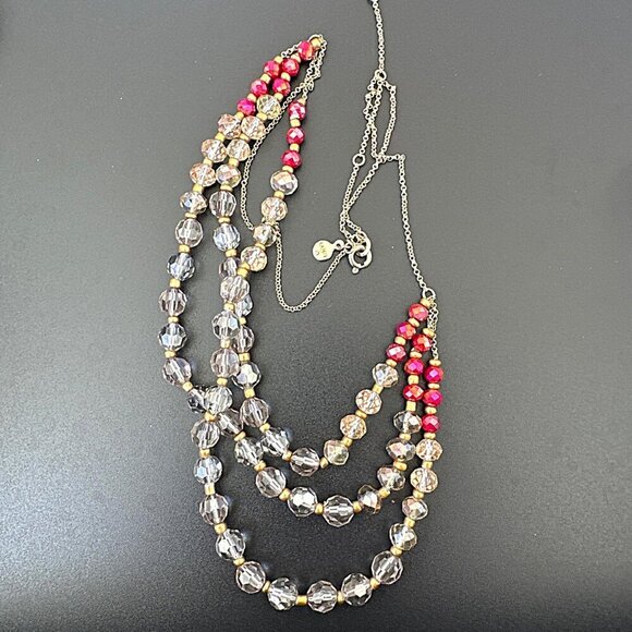 Ann Taylor LOFT Faceted Deep Rose and AB Clear Gold Tone Beads Triple Tier - Picture 3 of 3
